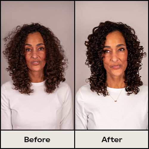 Before and after comparison of a woman with curly hair against a plain background