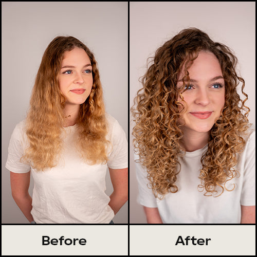 Before and after comparison of a person with long, wavy hair styled into curls.