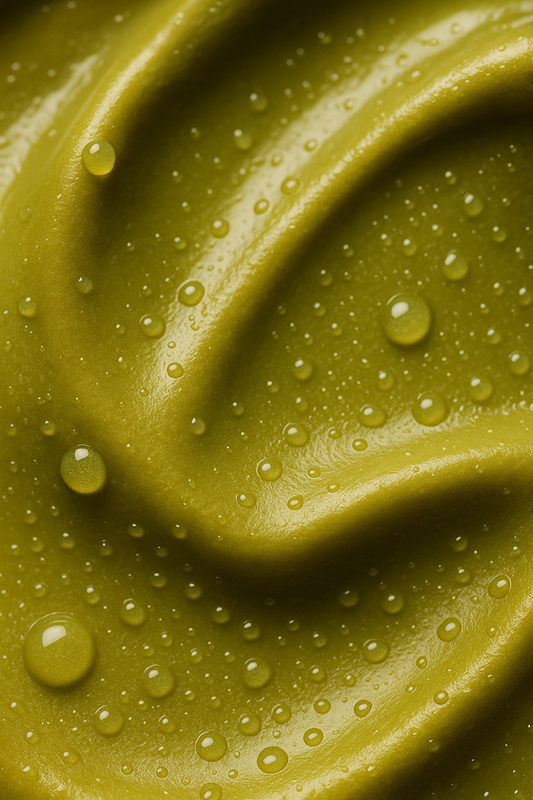 Close-up of green smoothie texture with droplets